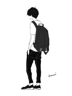 a drawing of a person with a backpack on their back and one hand in his pocket