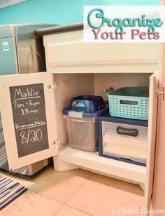 an organized pantry with chalkboard and plastic bins in the bottom shelf, labeled organize your pets