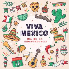 an illustration of mexican culture with the words viva mexico written in spanish and surrounded by icons