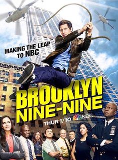 the poster for brooklyn nine - nine, which features an image of a man flying through the air