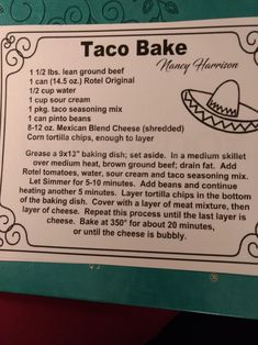 the taco bake recipe is on display