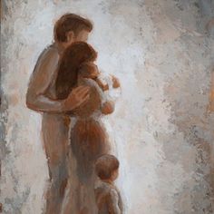 a painting of a man and woman hugging each other