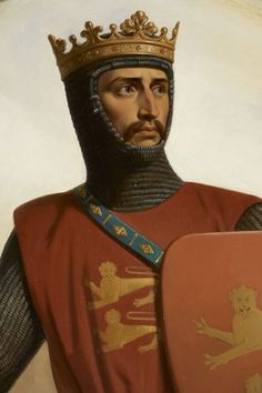 a painting of a man with a crown on his head and holding a red shield