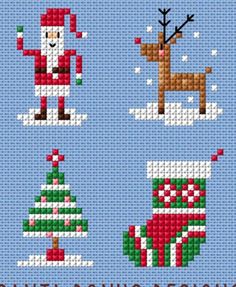 the cross stitch pattern for santa's stockings and stockings is shown in four different colors