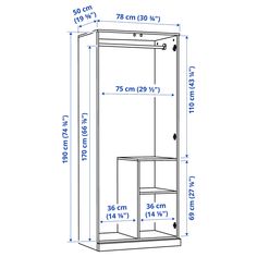 a drawing of a tall cabinet with measurements for the door and shelves on each side