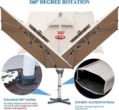 an umbrella is shown with instructions for how to put it on the stand and fold up