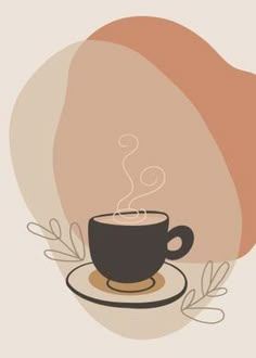 a coffee cup with steam rising out of it on a saucer next to an orange and pink background