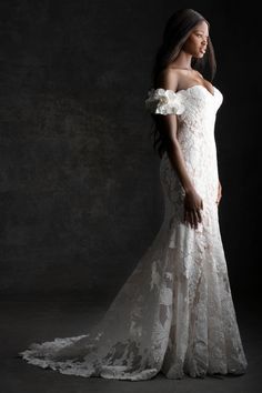 This lace fit and flare wedding dress comes with off the shoulder satin straps. Try on Allure Couture wedding styles at Laura and Leigh Bridal in New Jersey! Fitted Wedding Gown, Allure Couture, 2025 Wedding, Off Shoulder Gown, Fit And Flare Wedding Dress, Wedding Gowns Mermaid, Ball Gown Skirt, Elegant Bride