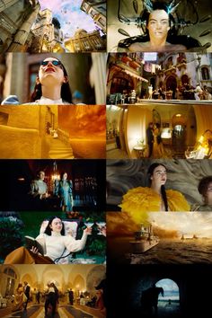 the collage shows many different scenes from movies, including one with a woman in yellow dress