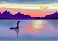 a painting of a bird floating in the water at sunset with mountains in the background