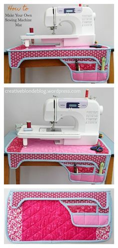 the sewing machine is sitting on top of a pink and blue table with an ironing board attached to it