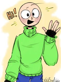 a drawing of a person wearing a green hoodie and holding his hand up to the side