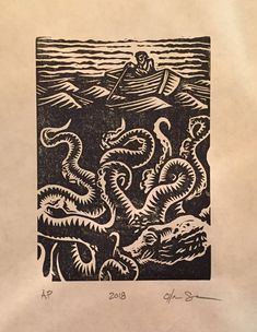 an image of a man in a boat surrounded by tentacles