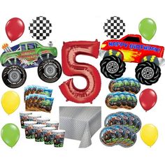 With this complete Monster Truck Rally Birthday party kit you will receive: (1) 31" Green Monster Truck Foil Balloon, (1) 40" Red Monster Truck Foil Balloon, (1) 34" Red Number 5 Shape Foil Balloon, (2) 18" Checkered Flag Round Foil Balloons, (6) 11" latex balloons 2- Lime Green, 2 Red, 2- Yellow (16) 8 3/4" Monster Truck dining plates, (16) 6 7/8" Monster Truck dessert plates - (2) Diamond Plate Print - Table Cover 54" x 108", (16) Monster Truck - 9 oz Cups - (32) Monster Truck - Lunch Napkins. Monster Truck Rally, Monster Truck Theme, Red Monster, Truck Theme, Party Supply Store, Monster Truck Birthday, Dining Plates, Large Balloons, Green Monster