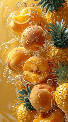 pineapples, oranges and bananas are being soaked with water