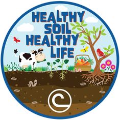 the logo for healthy soily life shows a cow, tree, and other plants