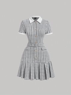 White Elegant Collar Short Sleeve Knitted Fabric Plaid Shirt Embellished Slight Stretch  Women Clothing Dress Shirt Dress, Plaid Patchwork Short Sleeve Dress, Formal School Outfits, Matriculation Outfit Ideas, Fitted Plaid Dress With Short Sleeves And Buttons, Fitted Plaid Dress With Buttons And Short Sleeves, Plaid Mini Dress For Office, Mod Clothing, Patchwork Mini Dress For Workwear