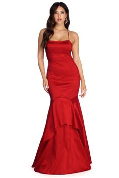 Special Occasion  
 Layer up in elegance as you wow in our Evie red dress! She features a square neckline, padded cups and narrow straps that lead to lattice back design. Her relaxed fit bodice leads to a curve hugging mermaid silhouette with a double layered hem. Dress is composed of a lined taffeta fabric that offers a moderate stretch. Includes a back zipper closure. 
 Model is 5'9" with a 34" bust, 24" waist and 34.5" hips. She is wearing a size small Special Occasion products cannot be returned to any retail locations. Selected fashion products to make you show your confidence and charm Layered Hem Dress, Dresses For Parties, Red Dress Long, Taffeta Fabric, Prom Shopping, Mermaid Dress, Mermaid Dresses, Hem Dress, Back Design