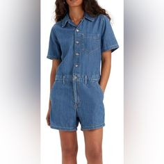 Levi Strauss Nwt Short Sleeve Heritage Denim Blue Romper Size Large - Mint Condition- New With Tags - 22 Inches From Pit To Pit Flat - 19 Inch Waist Flat - 34 Inches From Shoulder Seam To Hem Line In Smoke-Free Environment Bookmark My Closet, Edithsboutique, Since It’s Updated Daily. Thank You For Shopping My Closet! Blue Relaxed Fit Denim Jumpsuit In Utility Style, Relaxed Fit High Rise Denim Jumpsuit, Levi's Denim Jumpsuit With Pockets For Summer, Levi's Summer Jumpsuits And Rompers With Pockets, Casual Relaxed Fit Short Denim Jumpsuit, Spring Denim Jumpsuit With Relaxed Fit And Short Length, Denim Overalls With Relaxed Fit And Short Sleeves, Levi's Denim Jumpsuit With Pockets, Casual Fitted Levi's Jumpsuits And Rompers