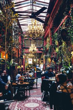 people sitting at tables in a restaurant with plants growing on the walls and ceiling above them