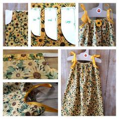 several pictures of sunflowers and dresses hanging on a clothes line, including the dress