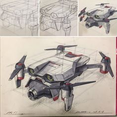 four different views of a flying vehicle in various stages of development and construction, including the design