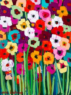 an abstract painting of colorful flowers