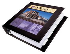 a black binder with an image of a building on the front and back cover