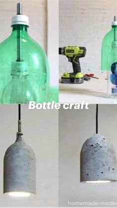 four different views of the same light fixture and one with a green bottle on it