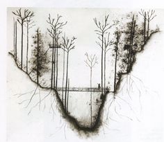 an ink drawing of trees growing out of the ground