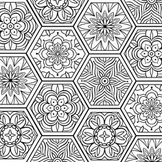 a black and white pattern with hexagonals in the center, which has been drawn