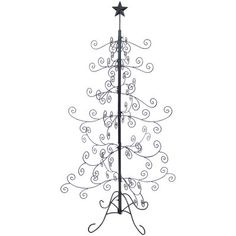 a tall metal christmas tree with stars on it's top and two star decorations