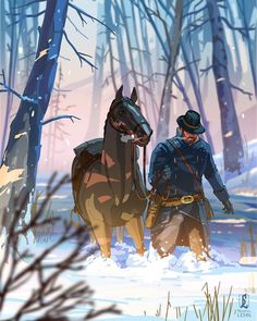 a man is walking with a horse in the snow