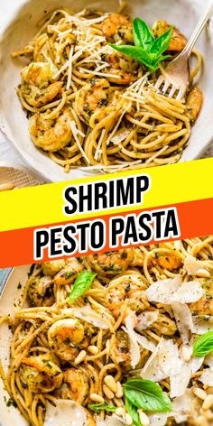 shrimp pesto pasta with parmesan cheese and basil