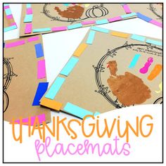 thanksgiving placemats made out of paper and colored construction paper with the words, thanks giving