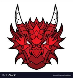 a red dragon's head with long horns and sharp fangs on the forehead, in front of a white background