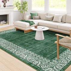 a living room filled with furniture and a green rug