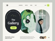 the gallery website homepage is shown with three circular buttons on each side of the page