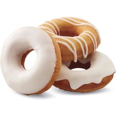 three glazed donuts with white frosting on them