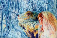 a painting of a girl and a lizard in the woods