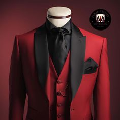 Men Suits Designer Tuxedo Red And Black Lapel 3 Piece Slim Fit Elegant Formal Fashion Suit Groom Wedding Stylish Suit Bespoke For Men Item Include (Coat+ Vest+ Pant) Fabric:- Imported, Premium Color:- Red Color Lapel:- Black Dry Clean Recommended The suit is for wedding, Party, Proms, and Many Occasions. We make the suit according to our Standard size chart, If you are not sure about your size/measurement,  please give your body measurement in inches, so we make perfect suit for you.  Jacket Mea Black And Red Tux, Trending Suits, Red Tux, Prom Tux, Suit For Men Wedding, Black And Red Suit, Designer Tuxedo, Black Red Wedding, Red Tuxedo