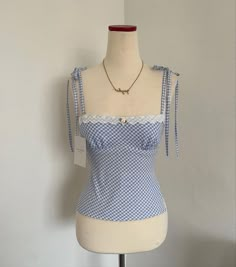 Coquette Sewing Patterns, Blue Cottagecore Aesthetic, Flat Chested Fashion, Thrift Flip Clothes, Blue Cottagecore, Gingham Top, Diy Clothes Design, Gingham Tops, Cottagecore Aesthetic