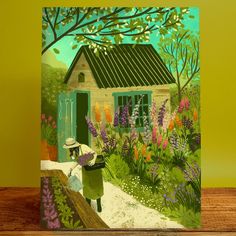 a card with a painting of a woman watering flowers in front of a garden house