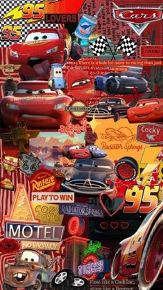 the cars movie poster is shown in red and yellow colors, with characters from disney pixa