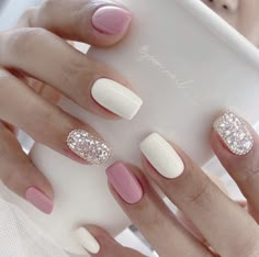 Pink And White Nails, Pink White Nails, Korean Nail, Korean Nail Art, Pink Glitter Nails, Pink Manicure, White Nail Art, Pink Nail Art