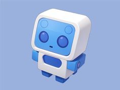 a blue and white robot with big eyes on it's head is standing in front of a blue background