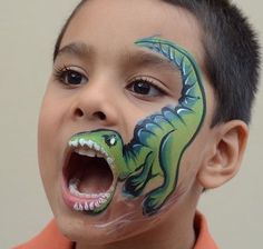 Simple Dinosaur Face Paint, Dinosaur Makeup Kids, Dino Face Paint Easy, Kid Face Paint Ideas, Line Buster Face Paint, Dinosaur Face Paint Easy, Animal Face Makeup, Snow Leopard Face Paint, Face Paint Animals