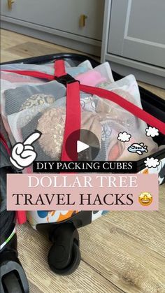 a piece of luggage sitting on top of a wooden floor with the words dollar tree travel hacks