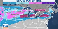 the weather map for snow is shown in red and blue, with pink highlighted areas