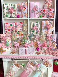 a shelf filled with lots of christmas decorations